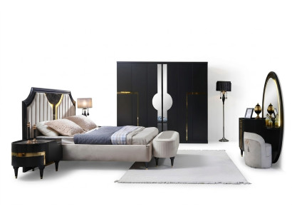 Bedroom bed nightstand wardrobe dresser mirror stool black 7-piece set