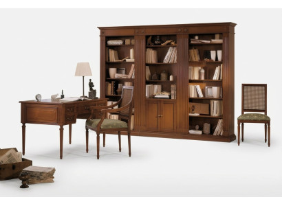 Desk and chair made of wood with armrests, bookshelf, office furniture design, 3-piece set