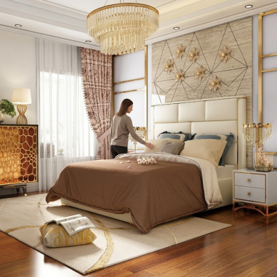 Designer double bed hotel luxury bedroom 180x200cm leather metal