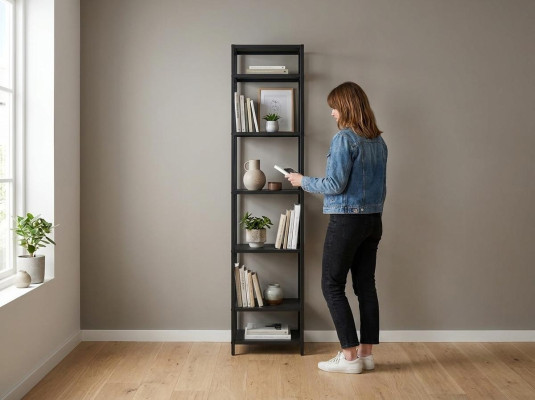Regal glass metal shelf in modern design in black living room
