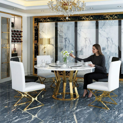 Dining Room Set Modern Dining Table + 6 Armchairs Metal Leather Set