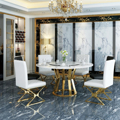 Dining Room Set Modern Dining Table + 6 Armchairs Metal Leather Set
