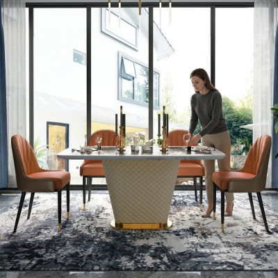 Luxury Dining Table Leather + Stainless Steel Marble Imitation Stone Table Dining Room