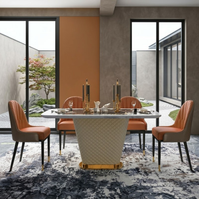 Luxury Dining Table Leather + Stainless Steel Marble Imitation Stone Table Dining Room