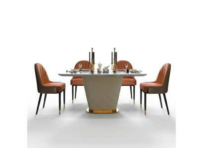 Luxury Dining Table Leather + Stainless Steel Marble Imitation Stone Table Dining Room