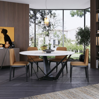 Design round table, 4x armchair seats, dining room upholstered seat, round tables