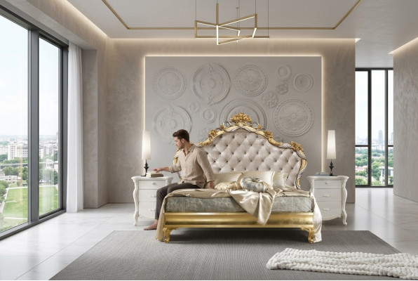 Bedroom Luxury Set 4-piece: Bed + 2x Nightstand + Chaise Lounge Design Recliner