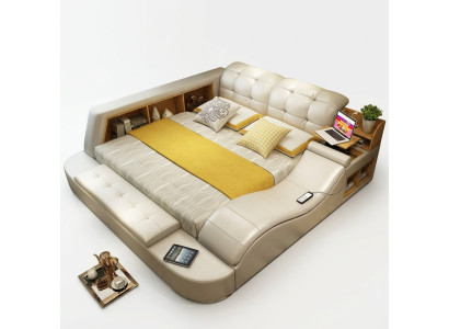 Luxury functional bed with safe, laptop tray, double marriage beds, XXL hotel leather