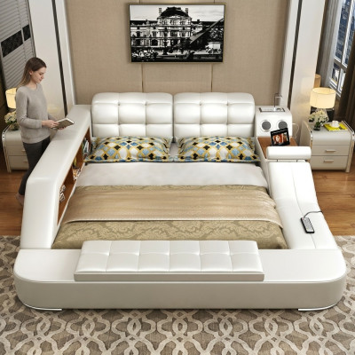 Bed Multifunction Shelf Wardrobe USB Charging Station Decoration Double Leather Beds