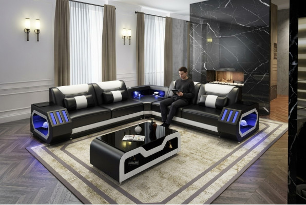 LED Illuminated Corner Sofa Living Room Leather Couch Seat Upholstered Living Landscape Sofa