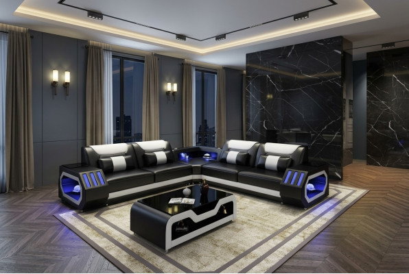 LED Illuminated Corner Sofa Living Room Leather Couch Seat Upholstered Living Landscape Sofa