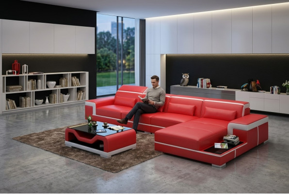 Leather sectional L-shaped corner sofa suite.