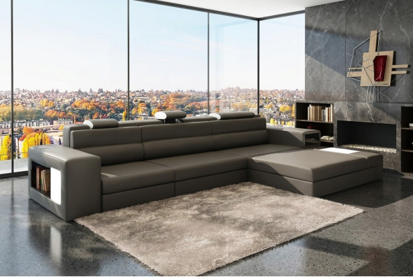 Sectional leather sofa, living area, L-shaped sofa, decorative couch, upholstered seating corner.