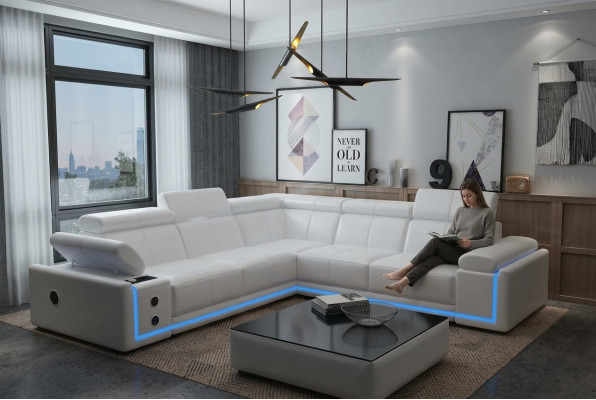 Illuminated leather corner sofa couch L shape sound LED speakers modern