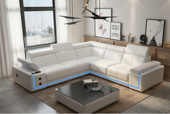 Illuminated leather corner sofa couch L shape sound LED speakers modern