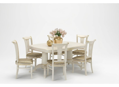 Dining Set Table + 6x Chairs Chair Dining Room Set Solid Wood Textile 7-piece.