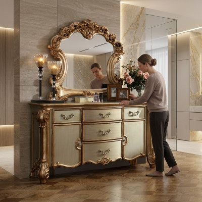 Buffet Sideboard Dresser Mirror Genuine Handcraft Wood Classic Baroque Rococo