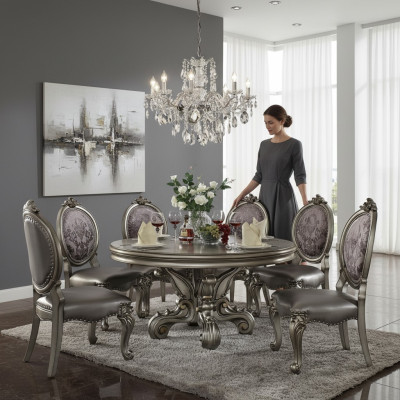 Design round table with 6 chairs, dining room seating, round upholstered table set.