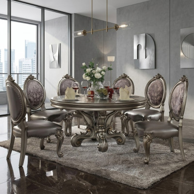 Design round table with 6 chairs, dining room seating, round upholstered table set.