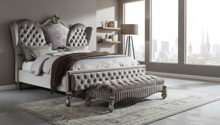 Upholstered bed luxury double bedroom decor baroque wood leather beds