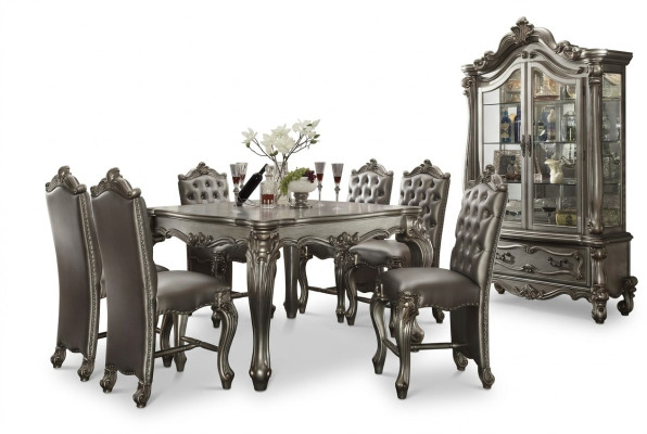 Classic Gray Dining Room Ambiance Designer Square Dining Table Leather Chesterfield Chairs 7-piece set