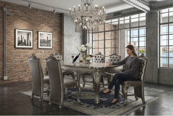 Gray classic rectangular dining table with 8x Chesterfield wood leather chairs