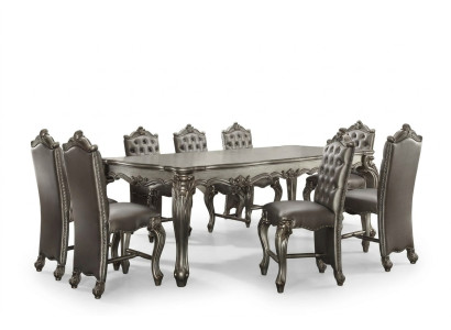 Gray classic rectangular dining table with 8x Chesterfield wood leather chairs
