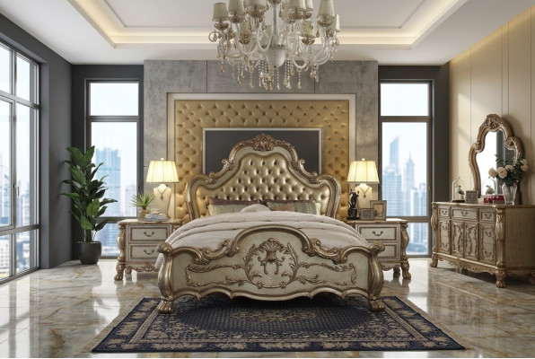 Classic Bed Baroque Chesterfield Rococo Style Hotel Double Leather Antique