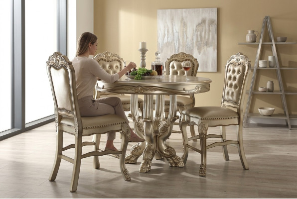 Classic Round Golden Dining Table Set Chesterfield Dining Room with 4 Chairs 5-Piece Suite
