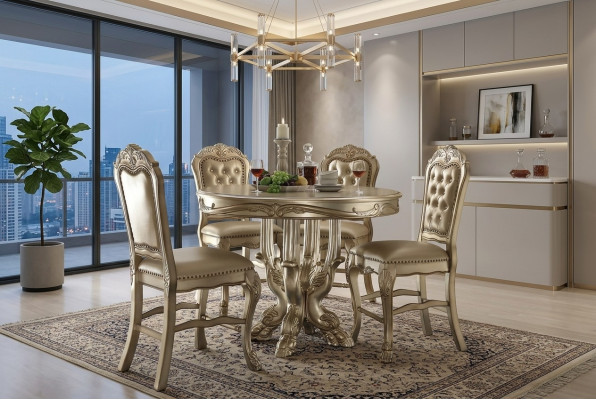 Classic Round Golden Dining Table Set Chesterfield Dining Room with 4 Chairs 5-Piece Suite