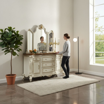 Buffet Sideboard Dresser with Mirror Handcrafted Real Wood Rococo Baroque