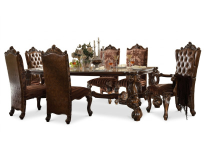 Brown Classic Wooden Dining Table + Chesterfield x6 Chairs Dining Set 7-piece Set