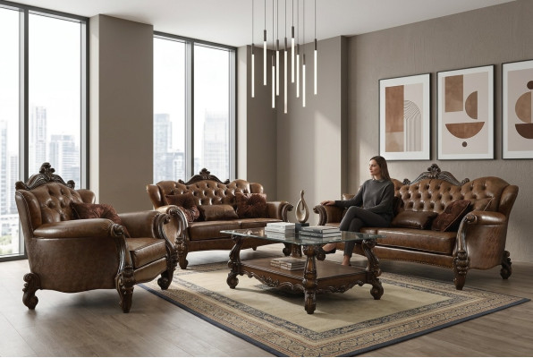 Leather Sofa Baroque Style Rococo Leather Couch Sofa Upholstered Seat 3-Seater Triple-Seater