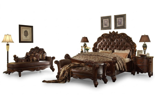 Bedroom leather bed nightstands 5-piece complete set beds wood