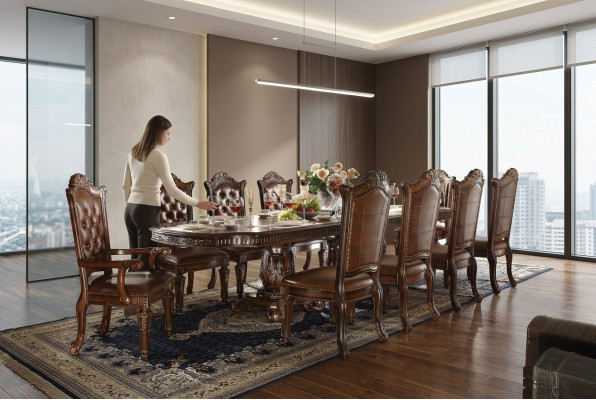 Luxurious Baroque Style Dining Room Set Designer Dining Table with Brown Chesterfield Chairs