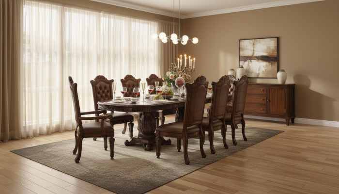 Luxurious Baroque Style Dining Room Set Designer Dining Table with Brown Chesterfield Chairs
