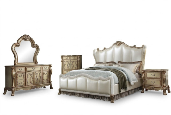 Bedroom nightstand set bed, 5-piece, Rococo baroque antique style bed, wood