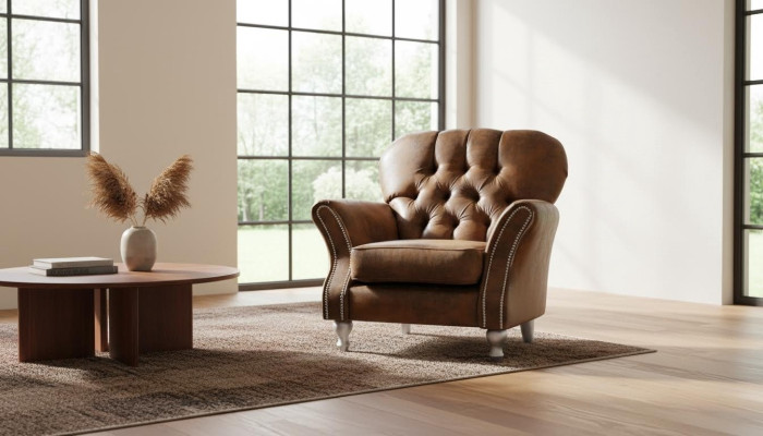 Design armchair, 1-seater, brown fabric, luxury club lounge sofa, TV Chesterfield
