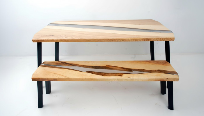 Epoxy Resin Table Bench 2-Piece Set Real Wood Waterfall River Table Group New