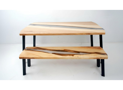 Epoxy Resin Table Bench 2-Piece Set Real Wood Waterfall River Table Group New