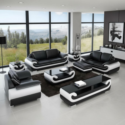 Classic leather sofa set complete 8-piece set living room set table stool