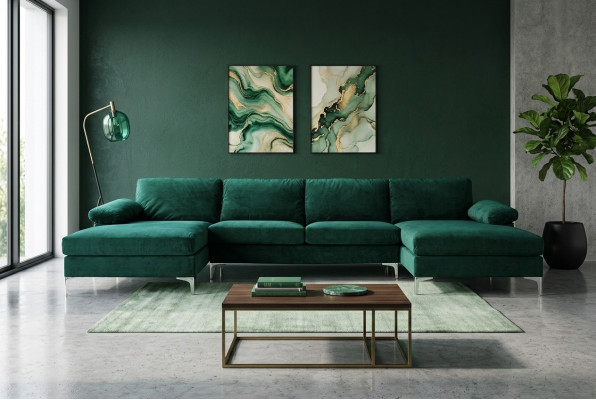 Green U-shaped corner sofa living landscape couch corner set design