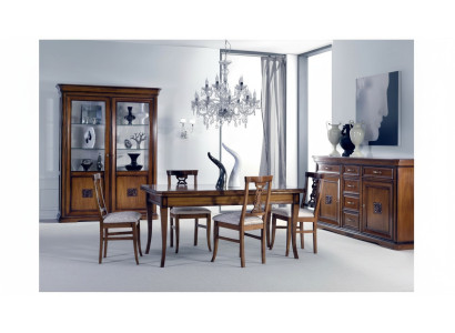 Dining room set 7-piece. Dining table chairs sideboard display case group suite wood brown.