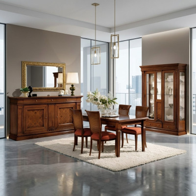 Dining room dining table chairs sideboard display cabinet group set wood brown 7 pcs. set