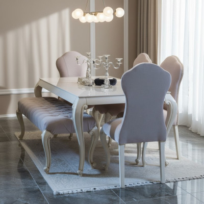 Dining room set design ensemble 6-piece. Wood furniture 4x chair table stool group new