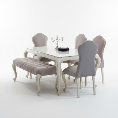 Dining room set design ensemble 6-piece. Wood furniture 4x chair table stool group new