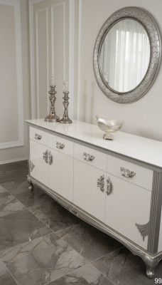 White dresser with practical drawers and elegant shelves