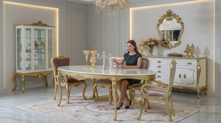 Design Dining Room Set 8-piece Dining Table Chair Sideboard Glass Cabinet Mirror