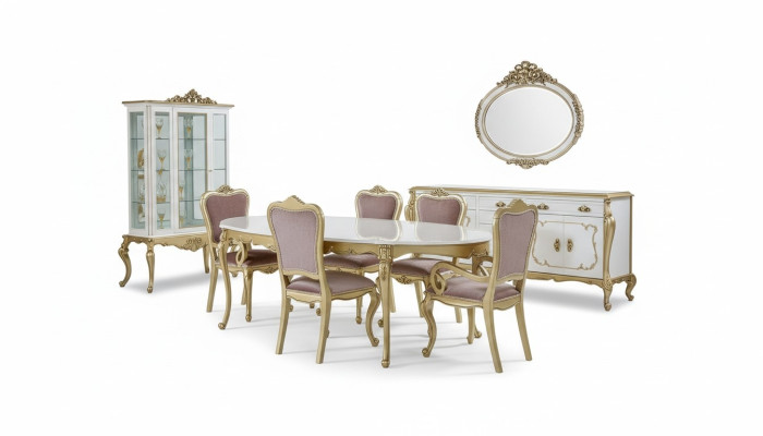 Design Dining Room Set 8-piece Dining Table Chair Sideboard Glass Cabinet Mirror