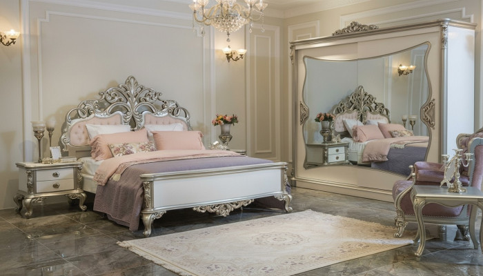 Bedroom set luxury bed 2x nightstand wardrobe chair 6-piece set.
